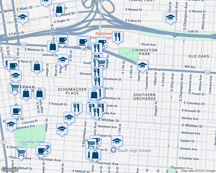 map of restaurants, bars, coffee shops, grocery stores, and more near 781 Wager Street in Columbus