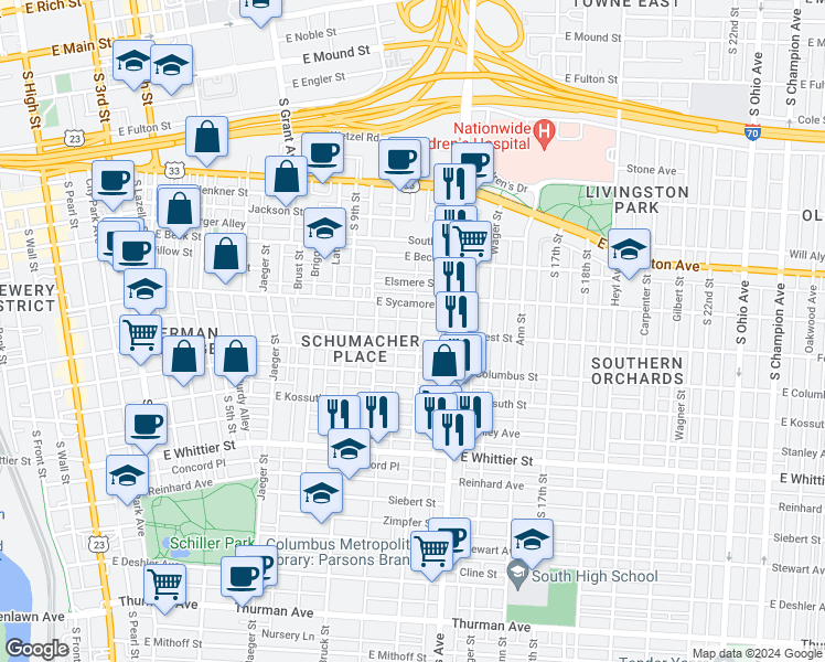map of restaurants, bars, coffee shops, grocery stores, and more near 484-498 Forest Street in Columbus