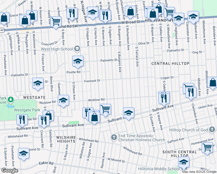 map of restaurants, bars, coffee shops, grocery stores, and more near 337 South Warren Avenue in Columbus