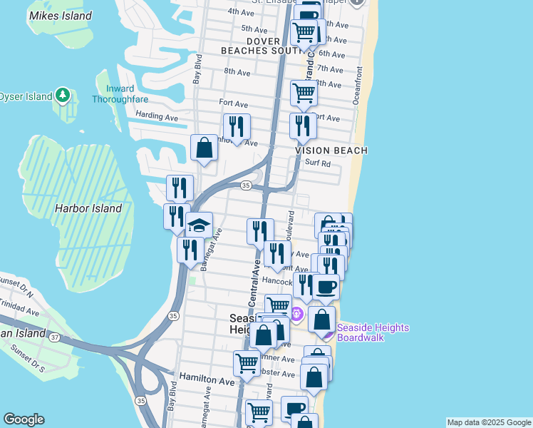 map of restaurants, bars, coffee shops, grocery stores, and more near 1501-1515 West Central Avenue in Seaside Heights