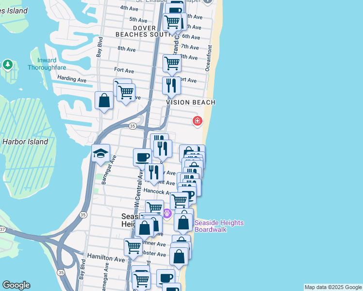 map of restaurants, bars, coffee shops, grocery stores, and more near 51 Hiering Avenue in Seaside Heights