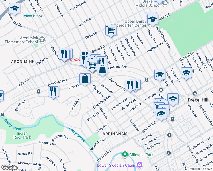 map of restaurants, bars, coffee shops, grocery stores, and more near 645 Drexel Avenue in Drexel Hill