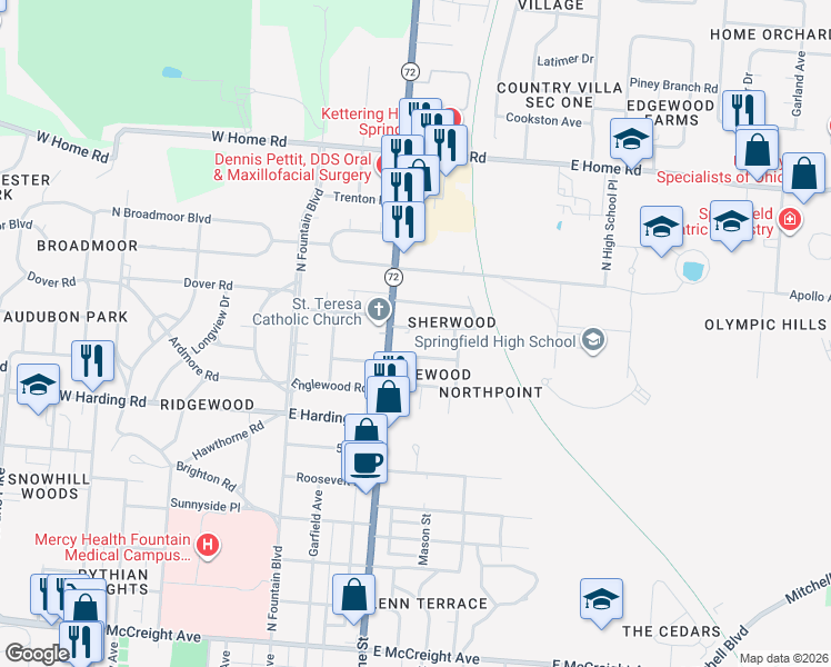 map of restaurants, bars, coffee shops, grocery stores, and more near 225 Floral Ave in Springfield