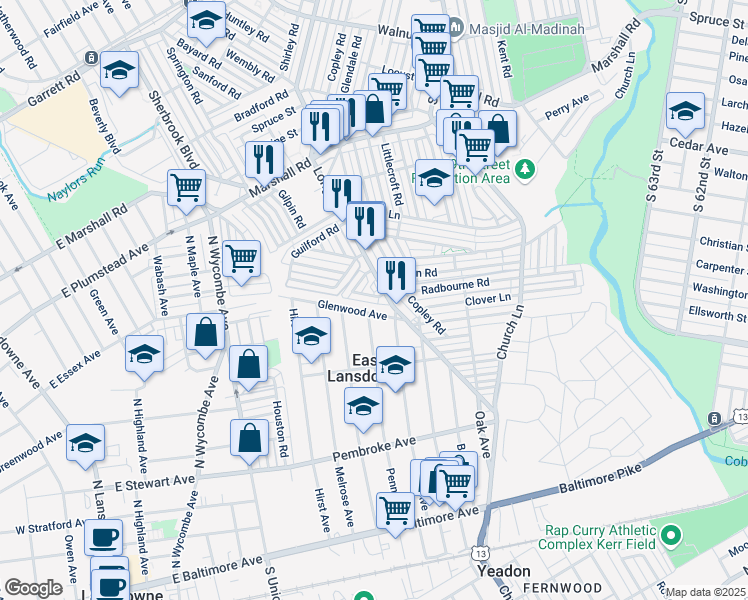 map of restaurants, bars, coffee shops, grocery stores, and more near 7218 Radbourne Road in Delaware County