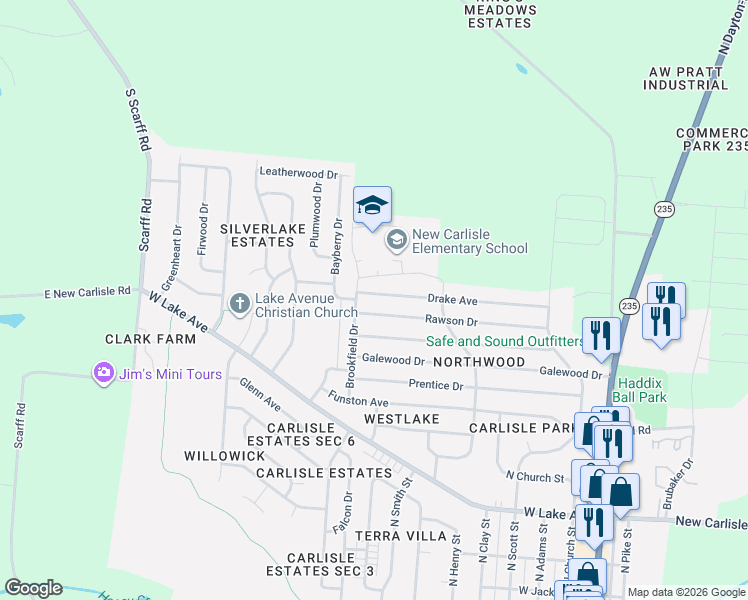 map of restaurants, bars, coffee shops, grocery stores, and more near 324 Drake Ave in New Carlisle