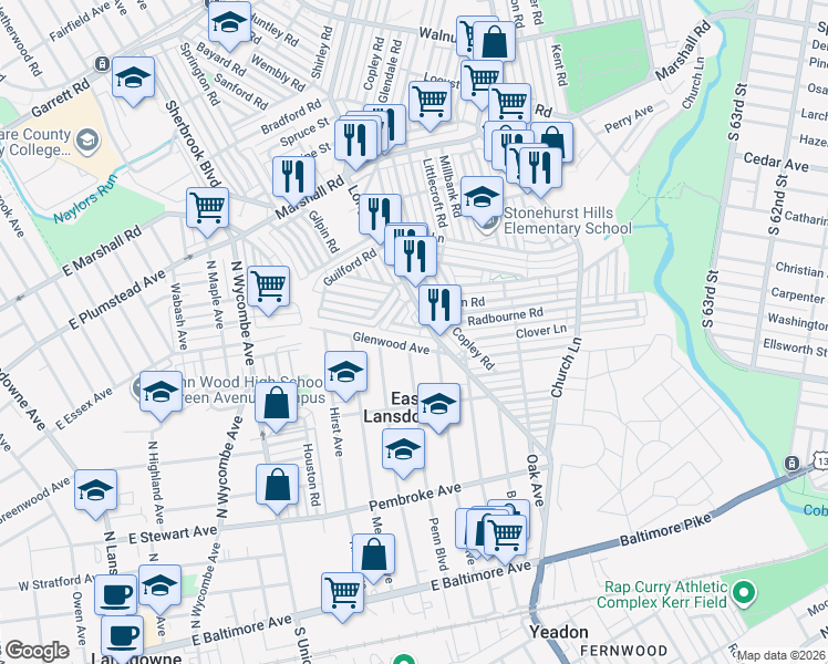 map of restaurants, bars, coffee shops, grocery stores, and more near 7218 Radbourne Road in Delaware County
