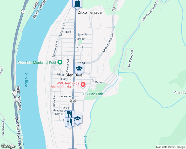 map of restaurants, bars, coffee shops, grocery stores, and more near 616 Jefferson Ave in Glen Dale