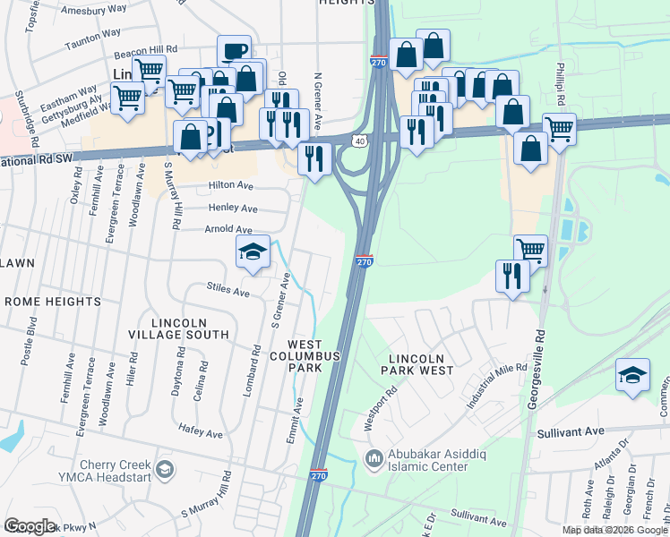 map of restaurants, bars, coffee shops, grocery stores, and more near 208 Emmit Avenue in Columbus