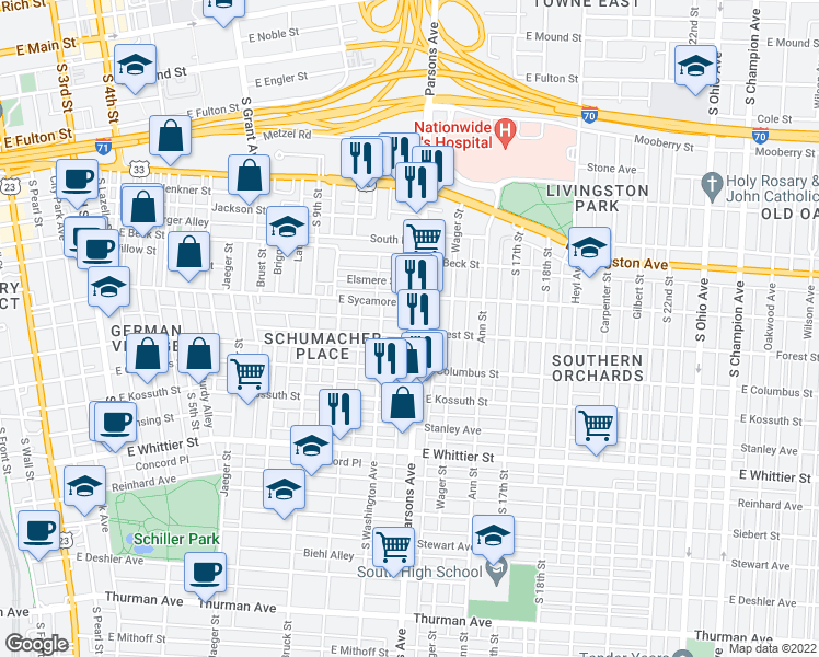 map of restaurants, bars, coffee shops, grocery stores, and more near 775 Parsons Avenue in Columbus