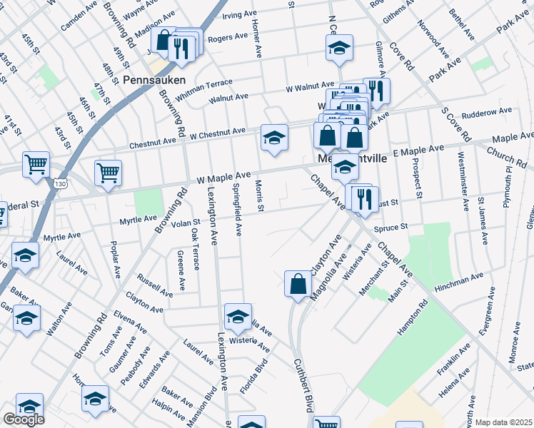 map of restaurants, bars, coffee shops, grocery stores, and more near 72 Volan Street in Merchantville