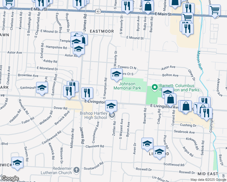 map of restaurants, bars, coffee shops, grocery stores, and more near 1130 South Waverly Street in Columbus