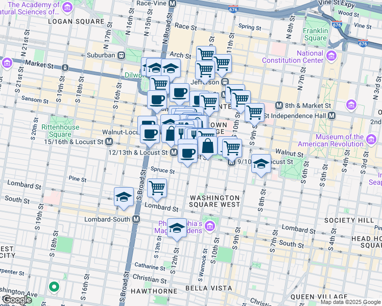 map of restaurants, bars, coffee shops, grocery stores, and more near 1203 Locust Street in Philadelphia