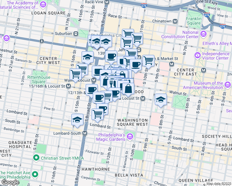 map of restaurants, bars, coffee shops, grocery stores, and more near 1111 Locust Street in Philadelphia