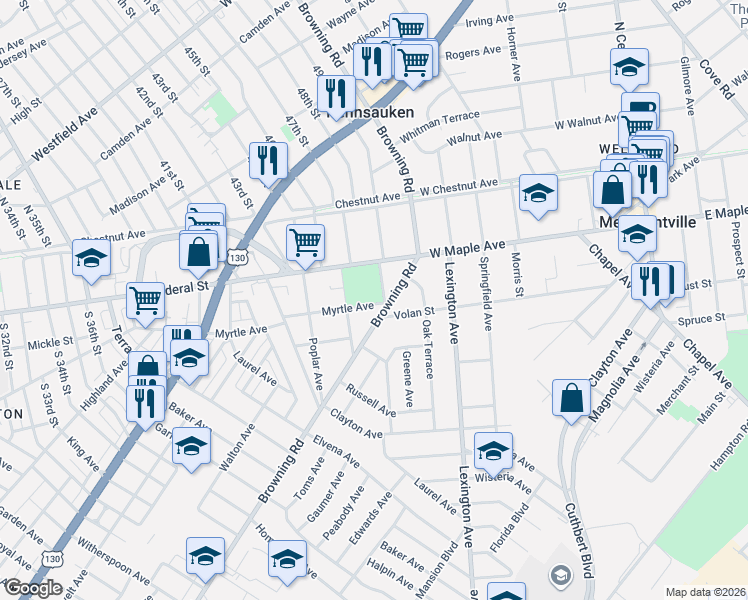 map of restaurants, bars, coffee shops, grocery stores, and more near Linden Avenue in Merchantville