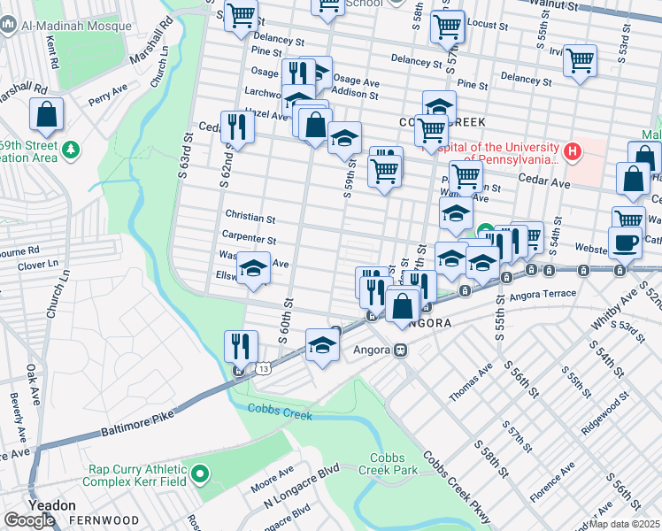 map of restaurants, bars, coffee shops, grocery stores, and more near 5905 Washington Avenue in Philadelphia