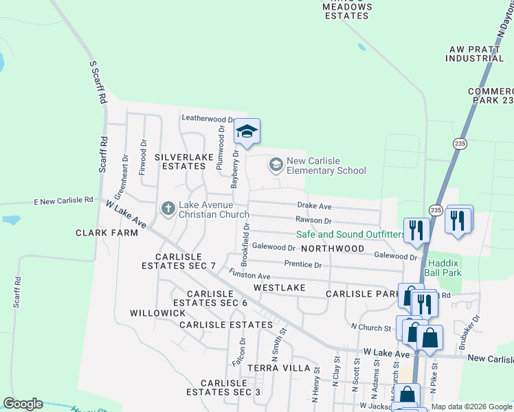 map of restaurants, bars, coffee shops, grocery stores, and more near 324 Drake Avenue in New Carlisle