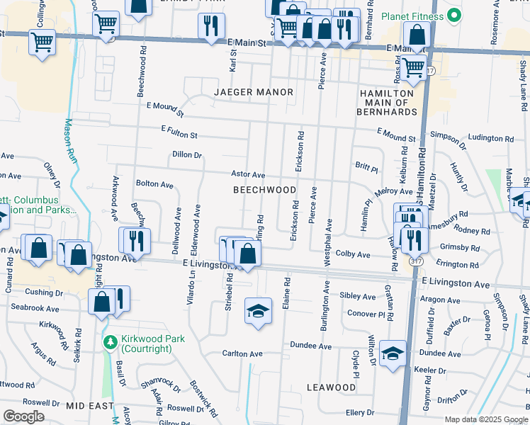 map of restaurants, bars, coffee shops, grocery stores, and more near 1274 South Yearling Road in Columbus