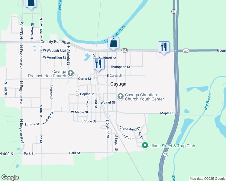 map of restaurants, bars, coffee shops, grocery stores, and more near 207 South Logan Street in Cayuga