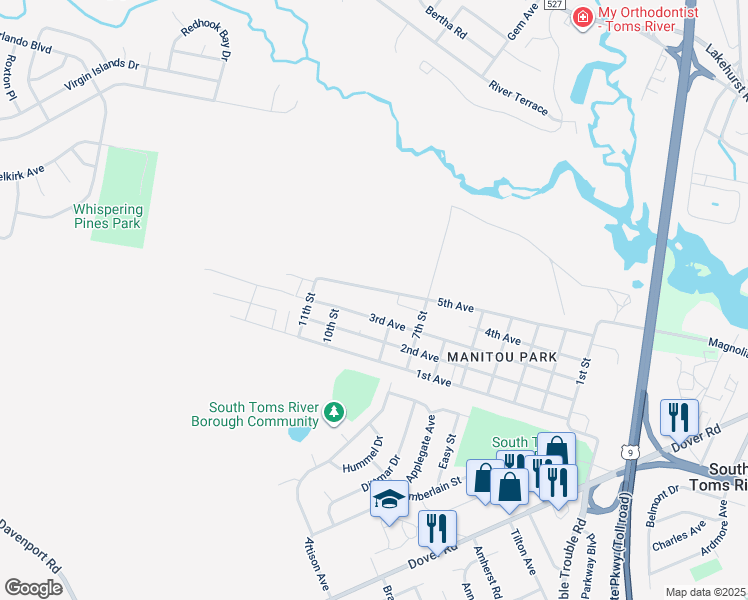 map of restaurants, bars, coffee shops, grocery stores, and more near 182 5th Avenue in Toms River