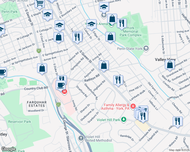 map of restaurants, bars, coffee shops, grocery stores, and more near 161 Rathton Rd in York