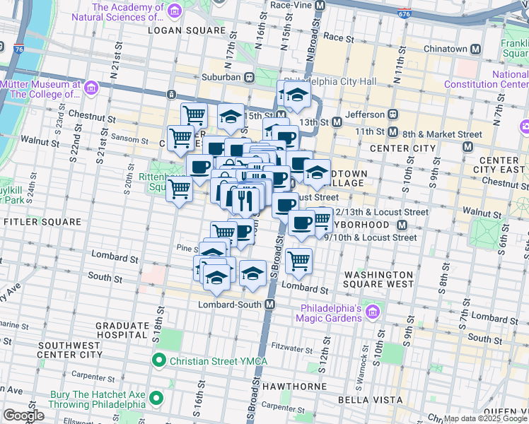 map of restaurants, bars, coffee shops, grocery stores, and more near 1500 Locust Street in Philadelphia