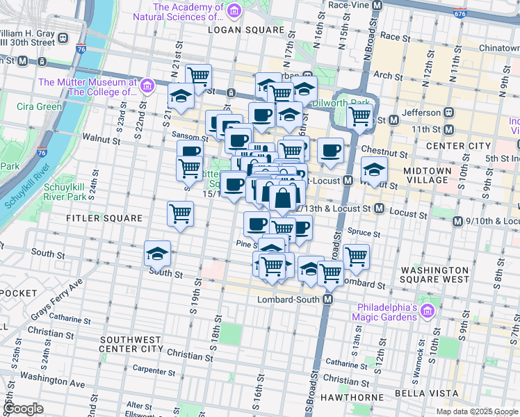 map of restaurants, bars, coffee shops, grocery stores, and more near 1702 Manning Street in Philadelphia