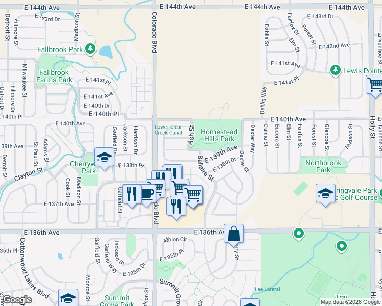 map of restaurants, bars, coffee shops, grocery stores, and more near 4256 East 139th Drive in Thornton