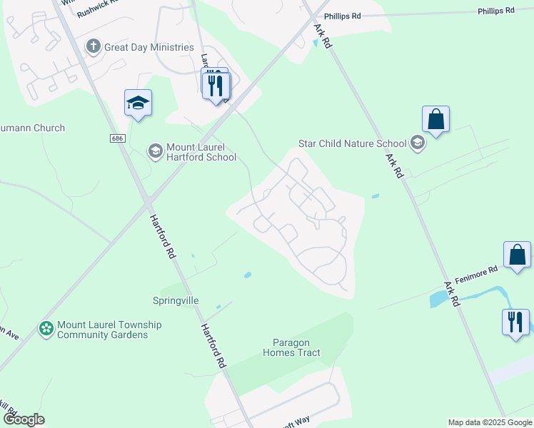 map of restaurants, bars, coffee shops, grocery stores, and more near 1 Kenton Place in Mount Laurel Township