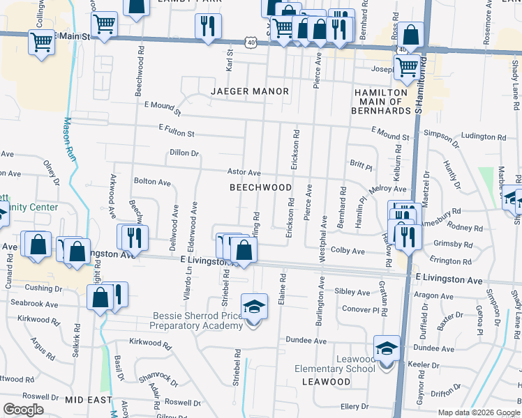 map of restaurants, bars, coffee shops, grocery stores, and more near 1274 South Yearling Road in Columbus