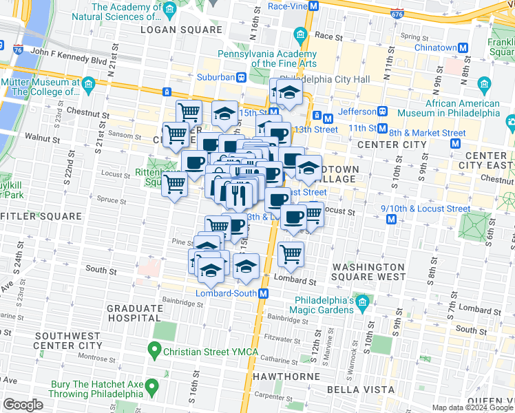 map of restaurants, bars, coffee shops, grocery stores, and more near 1420 Locust Street in Philadelphia