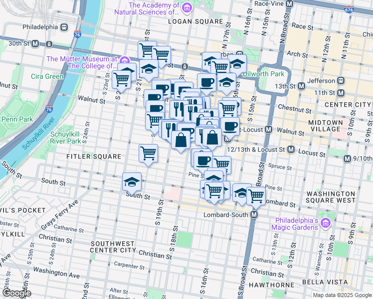map of restaurants, bars, coffee shops, grocery stores, and more near 1801 Spruce Street in Philadelphia