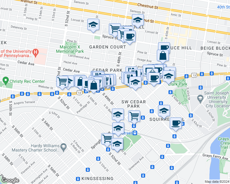 map of restaurants, bars, coffee shops, grocery stores, and more near 804 South 48th Street in Philadelphia
