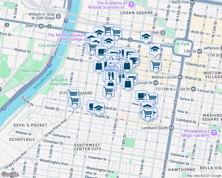 map of restaurants, bars, coffee shops, grocery stores, and more near 1936 Spruce Street in Philadelphia