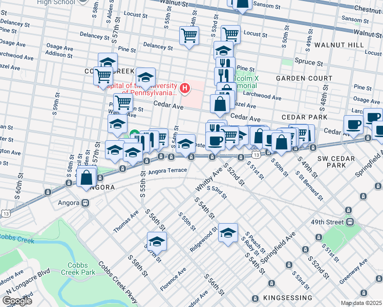 map of restaurants, bars, coffee shops, grocery stores, and more near 750 South 53rd Street in Philadelphia