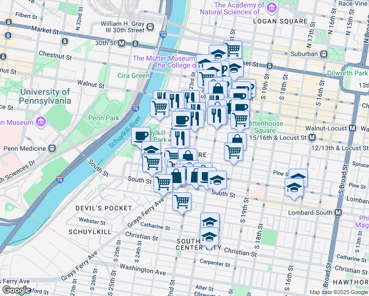 map of restaurants, bars, coffee shops, grocery stores, and more near 2220 Delancey Place in Philadelphia