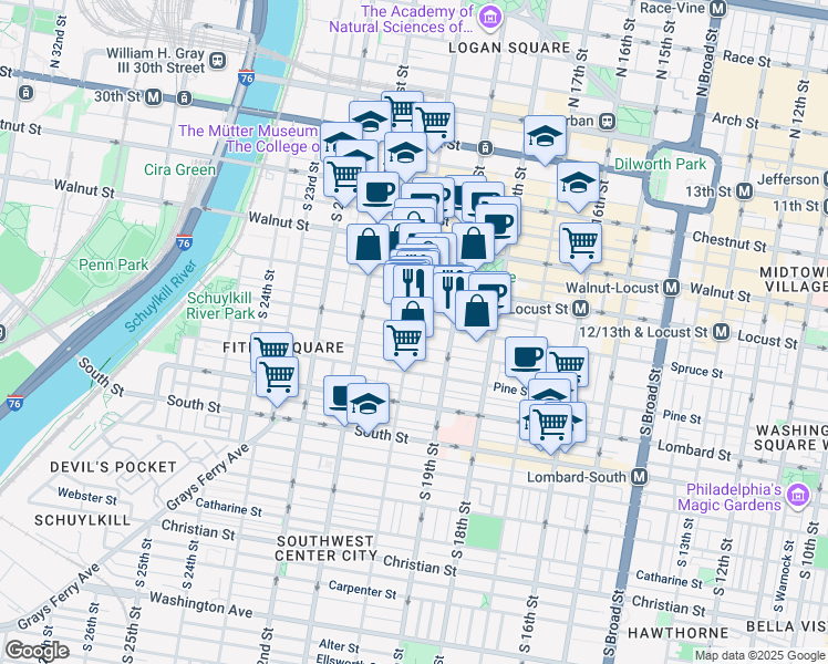 map of restaurants, bars, coffee shops, grocery stores, and more near 1936 Spruce Street in Philadelphia