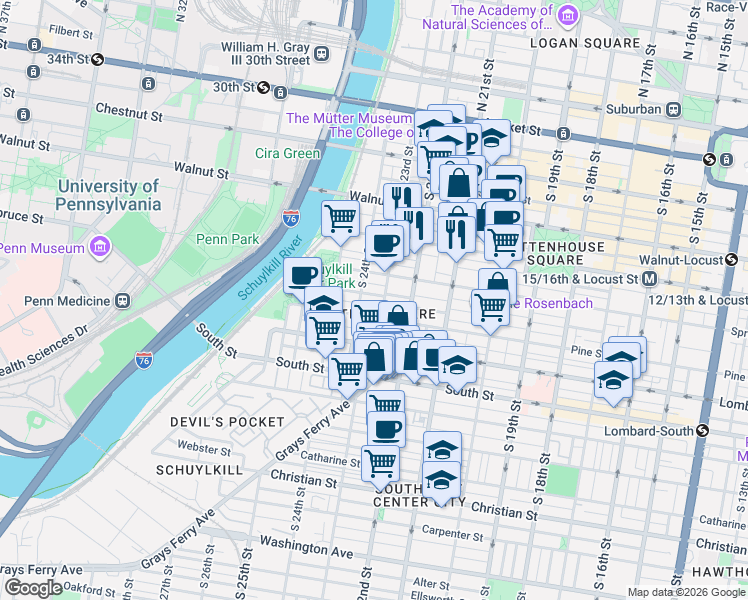 map of restaurants, bars, coffee shops, grocery stores, and more near 2308 Delancey Place in Philadelphia