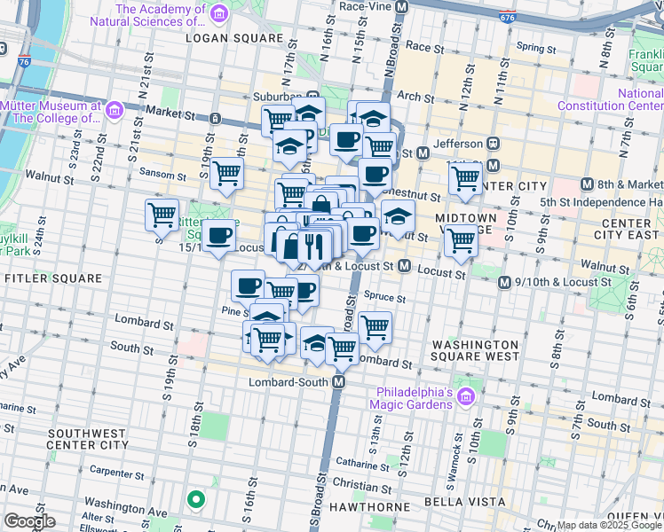 map of restaurants, bars, coffee shops, grocery stores, and more near in Philadelphia