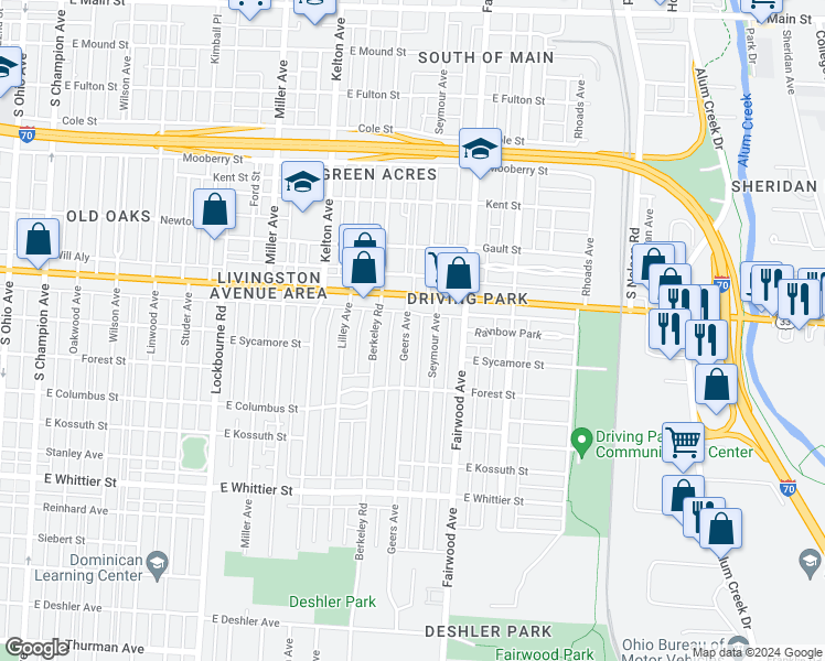 map of restaurants, bars, coffee shops, grocery stores, and more near 924 Geers Avenue in Columbus