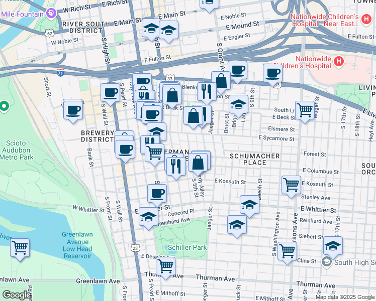 map of restaurants, bars, coffee shops, grocery stores, and more near 725 South 5th Street in Columbus