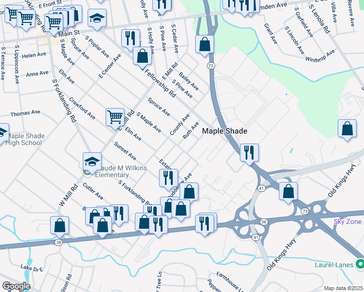 map of restaurants, bars, coffee shops, grocery stores, and more near 307 Mildred Avenue in Maple Shade