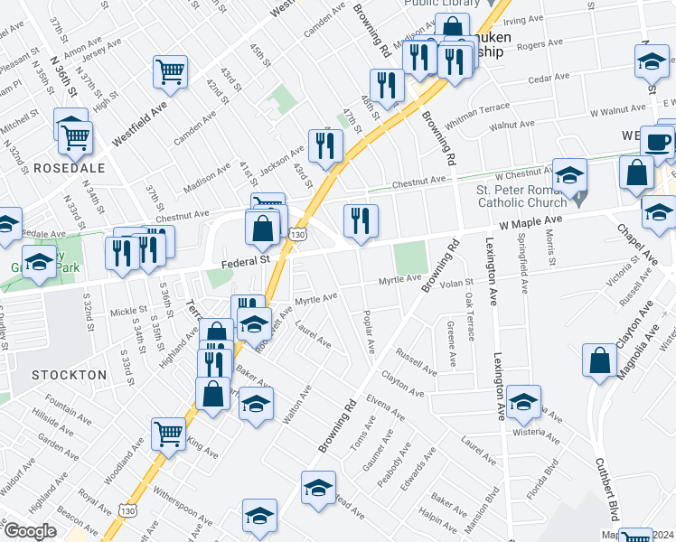 map of restaurants, bars, coffee shops, grocery stores, and more near 15 West End Avenue in Merchantville