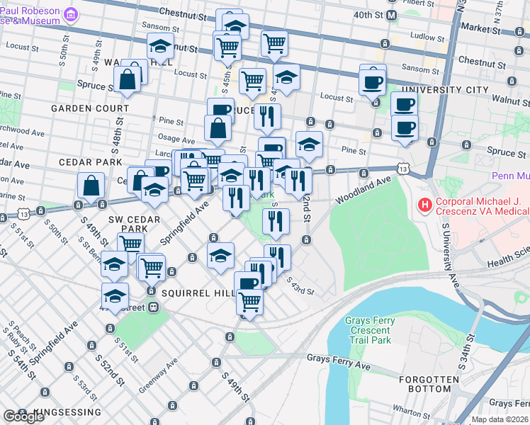 map of restaurants, bars, coffee shops, grocery stores, and more near 4300-4398 Baltimore Avenue in Philadelphia