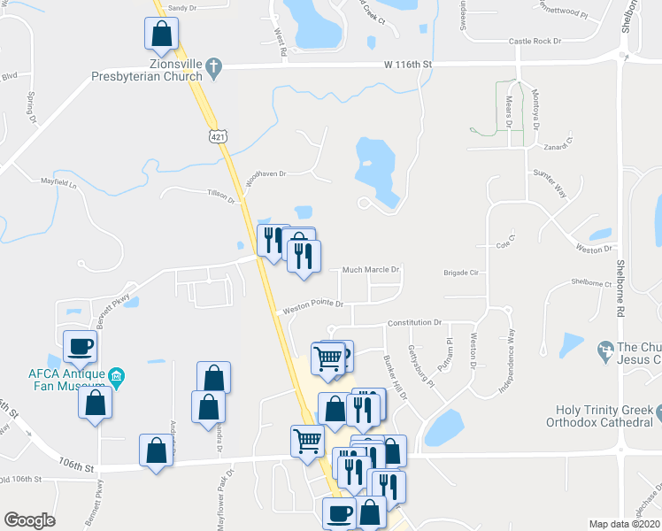 map of restaurants, bars, coffee shops, grocery stores, and more near 4138 Much Marcle Drive in Zionsville