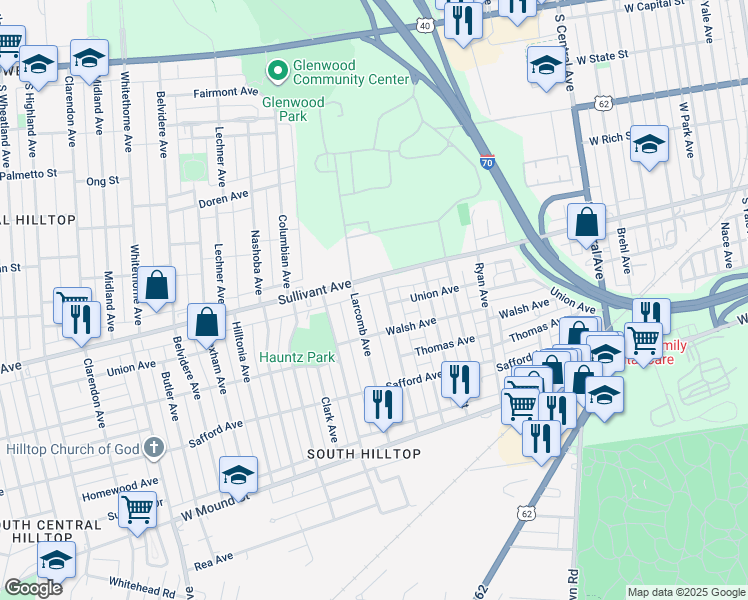map of restaurants, bars, coffee shops, grocery stores, and more near 421 Townsend Avenue in Columbus