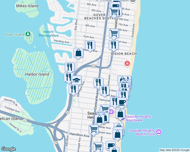map of restaurants, bars, coffee shops, grocery stores, and more near 1501-1515 West Central Avenue in Seaside Heights