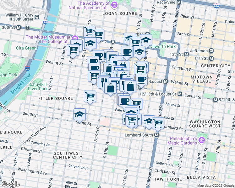 map of restaurants, bars, coffee shops, grocery stores, and more near 1729 Spruce Street in Philadelphia