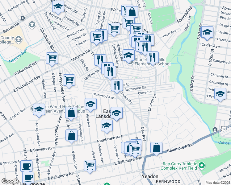 map of restaurants, bars, coffee shops, grocery stores, and more near 707 Long Lane in Delaware County