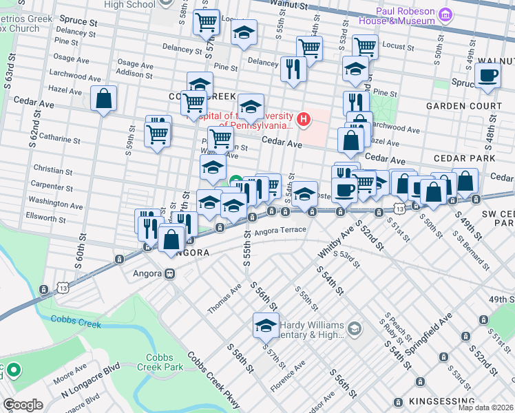 map of restaurants, bars, coffee shops, grocery stores, and more near 5430 Christian Street in Philadelphia