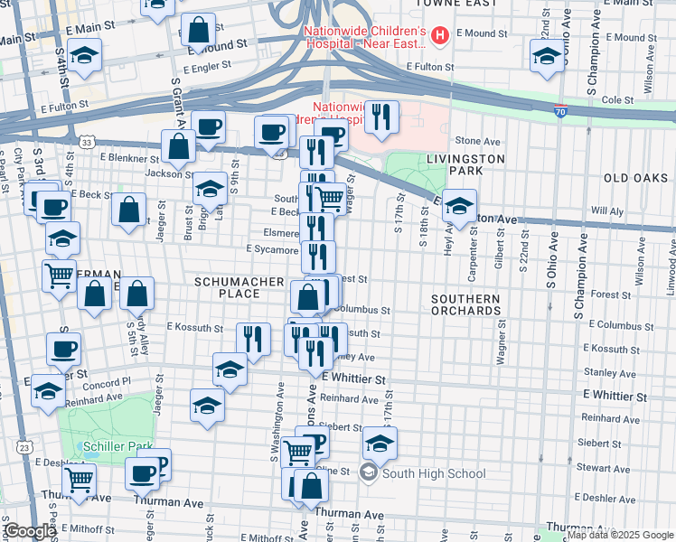 map of restaurants, bars, coffee shops, grocery stores, and more near 781 Wager Street in Columbus